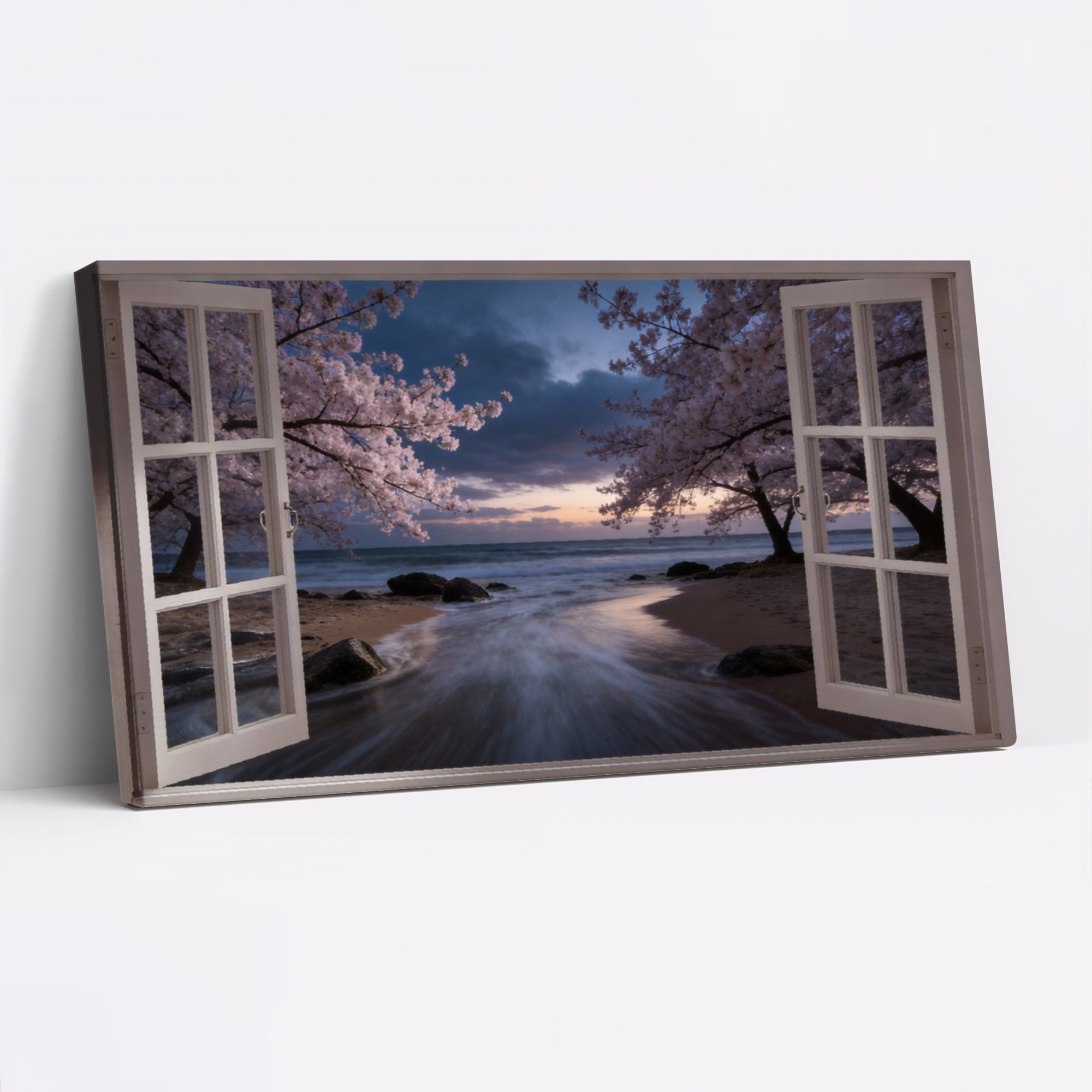 Winston Porter Cherry Blossom Beach Sunset Window View Canvas Wrapped ...