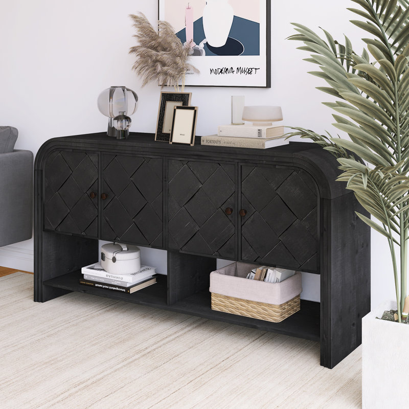 59.80 Inch Wood Sideboard With Woven Wood Slats And Solid Wood Veneer, Black