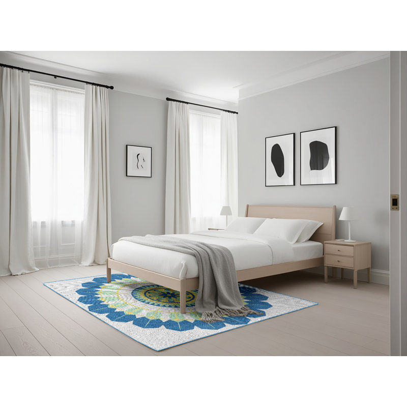 Tapis abstrait bleu marine / vert / gris, Rectangle 5 pi x 7 pi