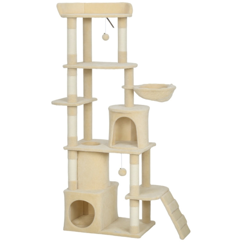 170?cm Large Multi-Level Cat Tree with 7 Scratching Posts, Tunnel, 2 Condos, Hammock, Perch, Ramp & Pompoms, Beige, Beige