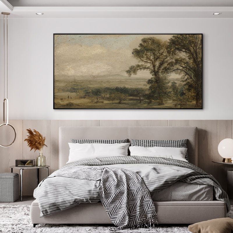 Extra Large Wall Art Fabric Print - Vintage Landscape Classic Countryside Trees and Field Rustic for Artwork Decor for Living Room or Bedroom - "Frame Assembly Required (Unfinished Frame)"