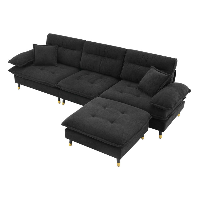 Canapé modulaire convertible en forme de L 106 * 66,5 ", ensemble de canapé capitonné 4 places avec pieds réglables deux tons, tissu en chenille nuage, repose-pieds mobile pour salon, appartement, bureau