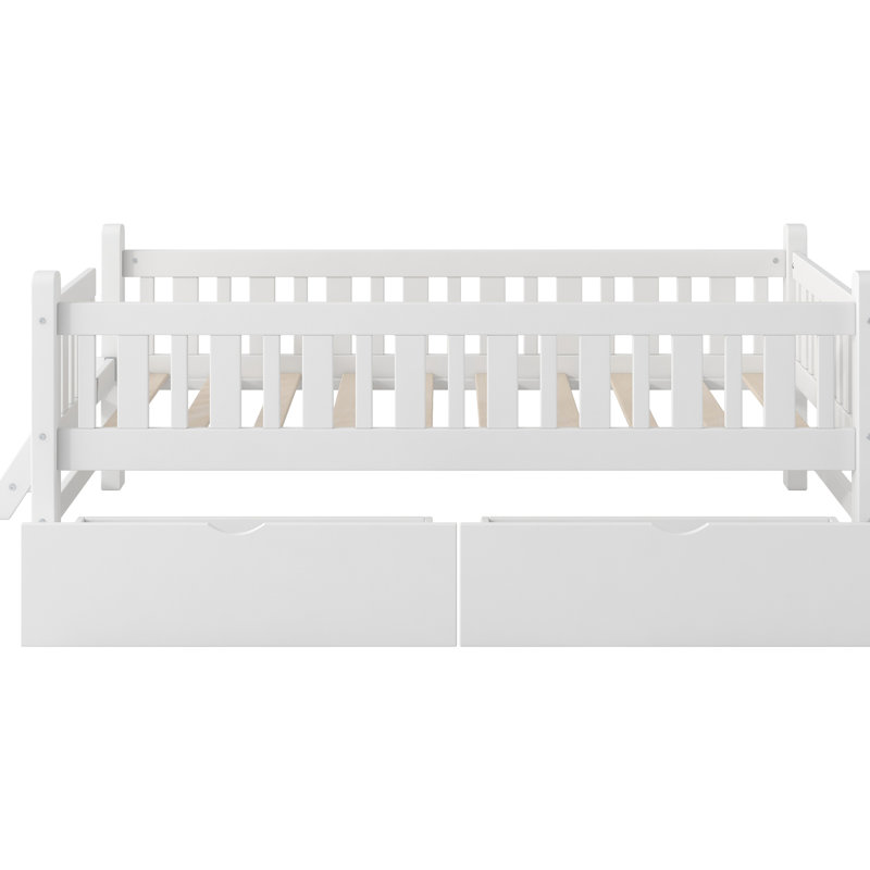 Lit simple blanc avec garde-corps et 2 tiroirs, conception semi-fermée, bois de pin +, sans sommier, installation sans effort Blanc, lit simple, lit, barrière de sécurité, construction, solutions de rangement multiples, simple