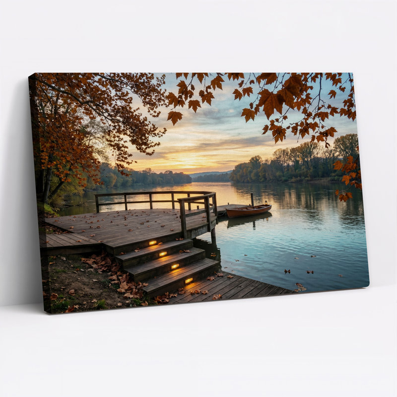 Tableau sur toile « Feuilles d'automne et quai en bois au coucher du soleil », H 24 po x l 36 po