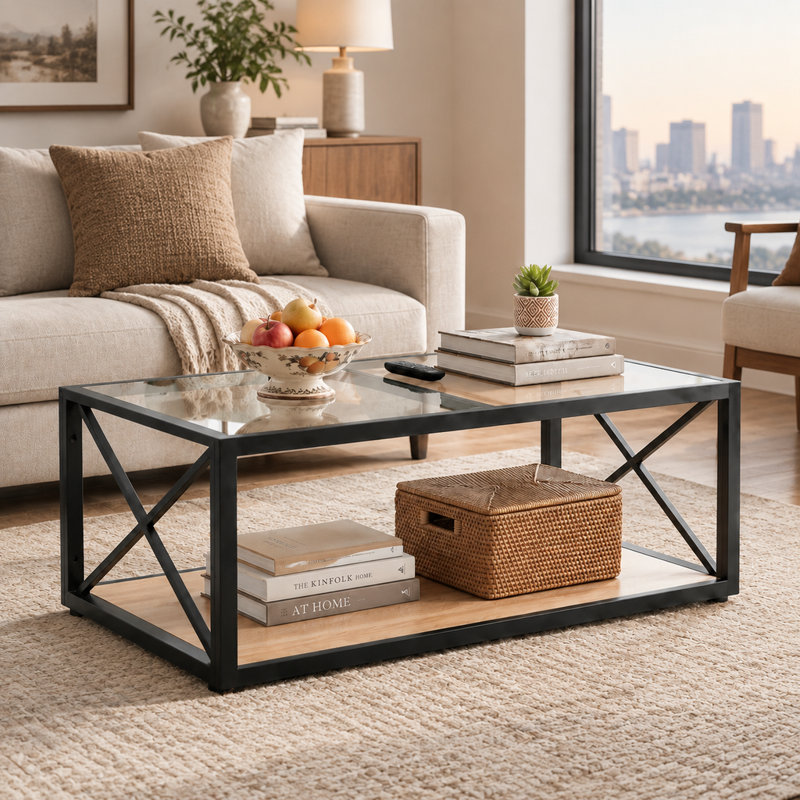 Table basse moderne avec dessus en verre trempé et bois naturel MDF pour salon et chambre