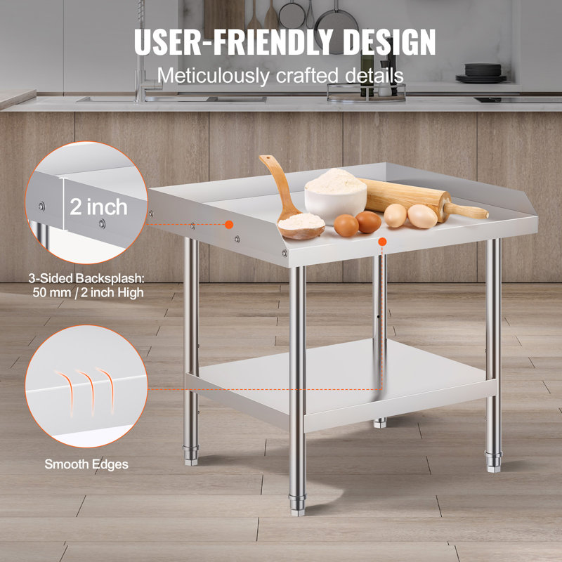 Stainless Steel Work Table, 24 x 28 x 26 Inch Commercial Food Prep Worktable, 3-Sided Backsplash Heavy-Duty Prep Worktable, Metal Work Table with Adjustable Height for Restaurant Home Hotel