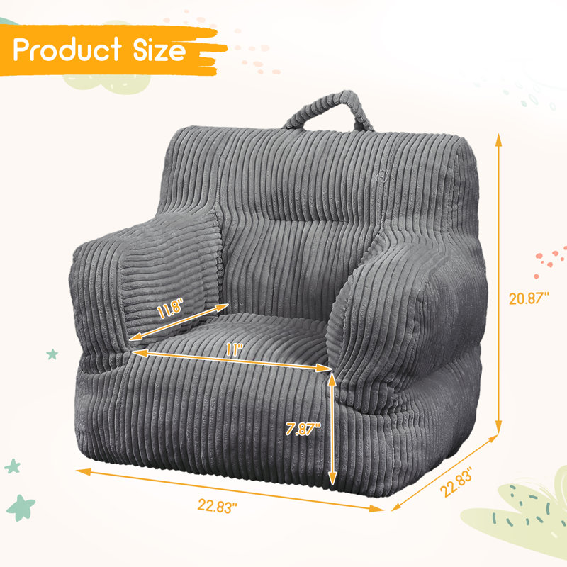Pouf poire en velours côtelé pour enfants, motif ours fraise - Canapé de sol léger et portable pour lire, jouer et faire la sieste - Soutien doux et confortable - Gris pâle 58 x 58 x 53 cm (23 x 23 x 21 pouces)