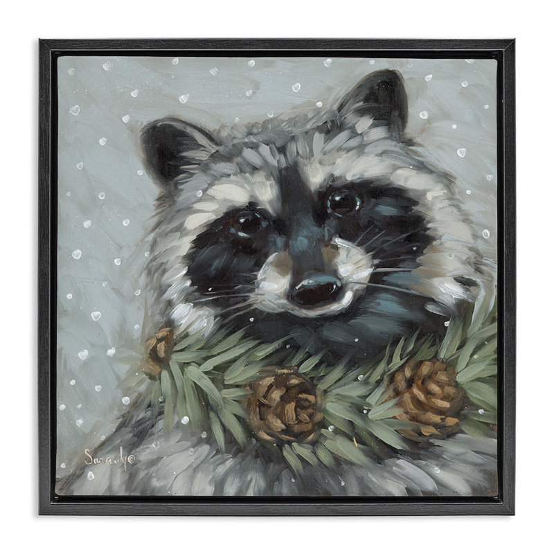 «Raccoon with Pinecones», art mural sur toile par Sara G. Designs, Cadre flottant noir de jais, H 18 po x l 18 po