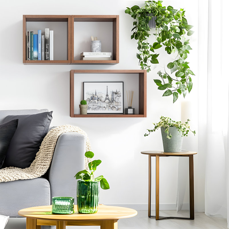  Wall Mount Cube Shelf Set Of 3, Floating Cube Shelves For Space Discovery,Dark Walnut, Dark Walnut