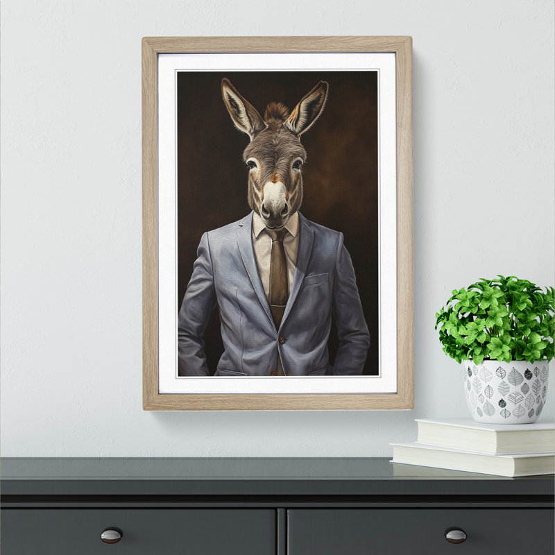 XYZ-FRM-V1223-538 Donkey In A Suit Painting No.2 - Single Picture Frame Print on Wood, Oak, 34cm H x 25cm W x 2cm D