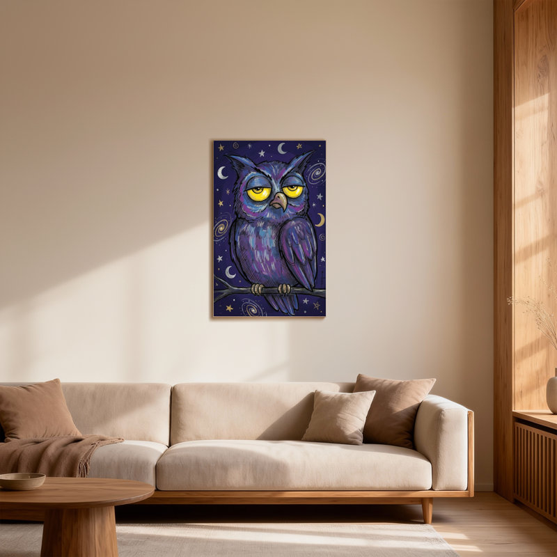 Animaux hibou aux yeux jaunes sur une branche de ciel nocturne avec des étoiles et des lunes, H 20 po x l 30 po