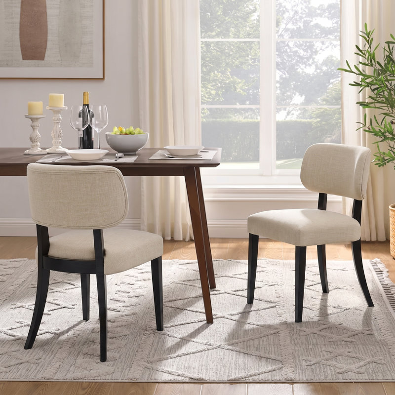 Ensemble de 2 chaises de salle à manger rembourrées, de chaises d'appoint en lin sans accoudoirs, de chaises de salle à manger à pieds en bois noir courbé de style Mid-Century pour petits espaces