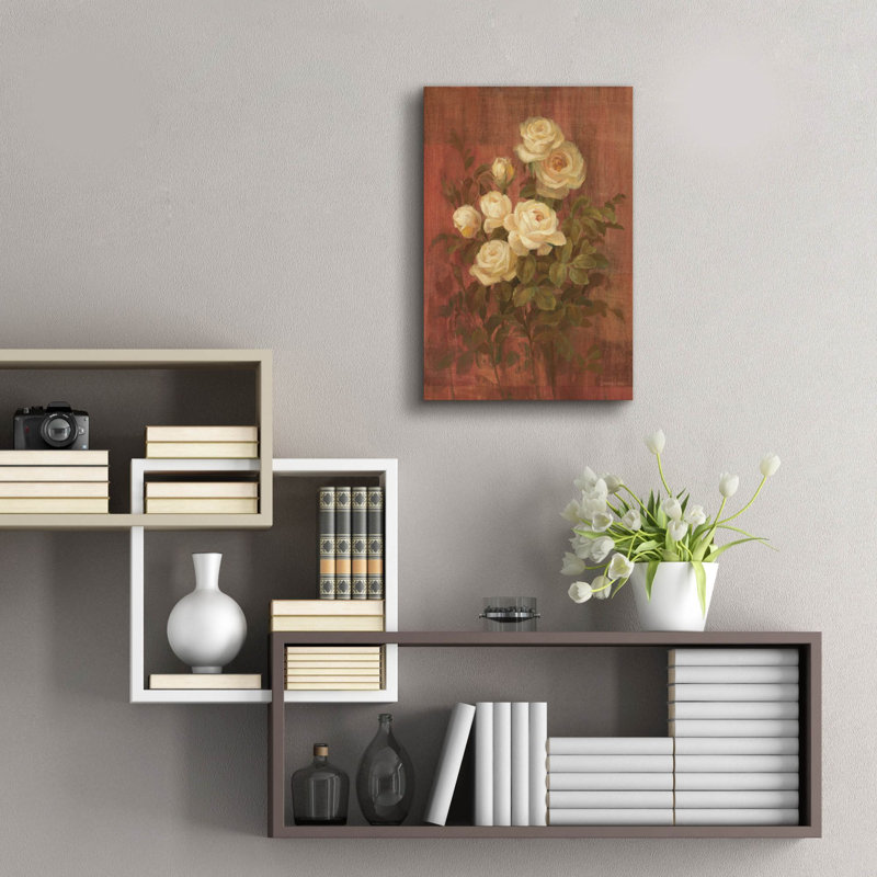 «Peach Roses On Red 1» par Danhui Nai, art mural en verre acrylique, H 24 po x l 16 po x P 0,2 po