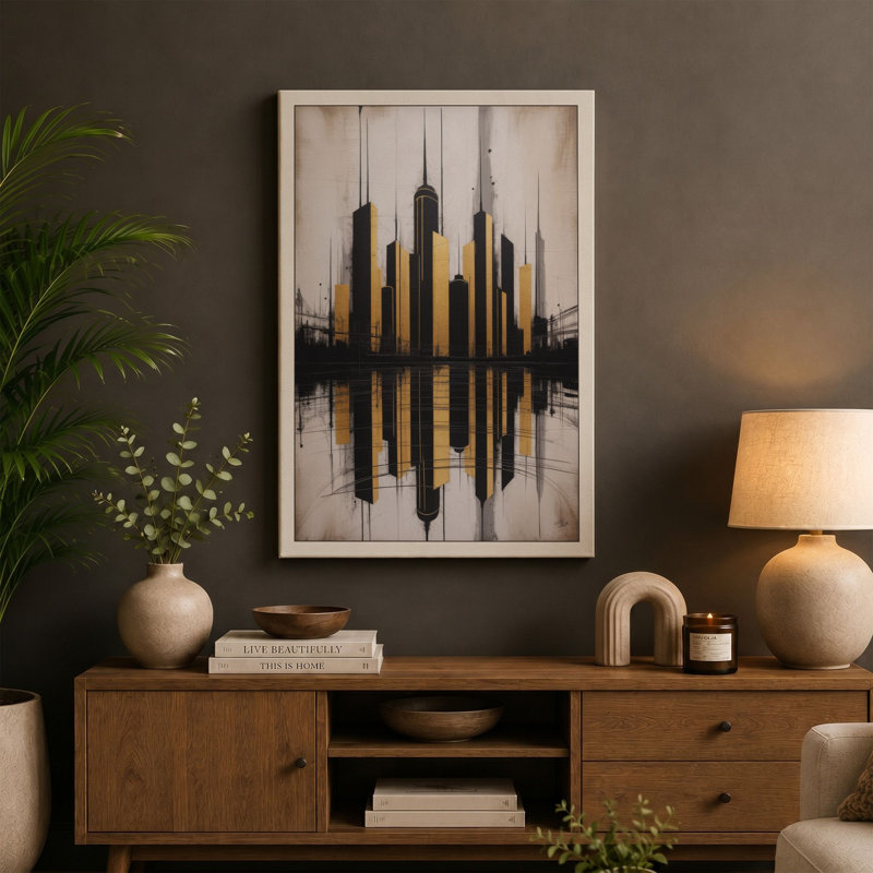 City Reflected Art Deco - Wrapped Canvas, 30x20 - 76.2 x 50.8 cm, Cream Border