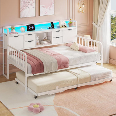 Daybed With Trundle, Twin Day Bed With Storage Headboard & Charging Station, Height Adjustable Metal Trundle Bed Twin, Sofa Bed Frame For Living Room