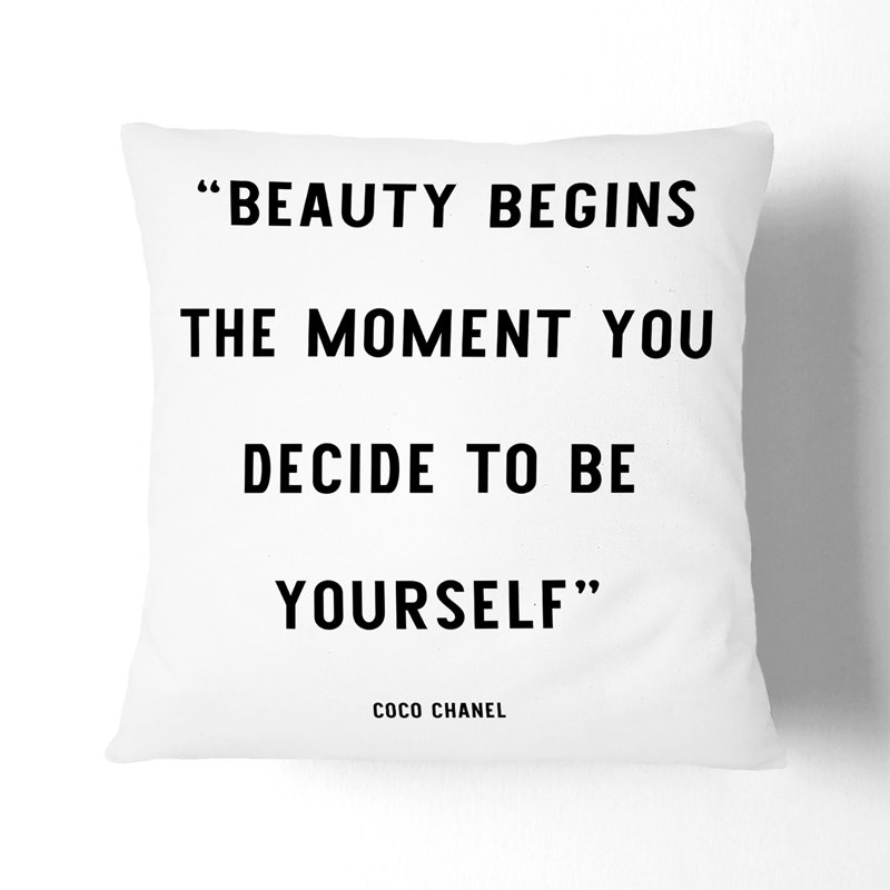 Beauty Begins Typography Square Throw Cushion, 55cm H x 55cm W x 20cm D, Stone