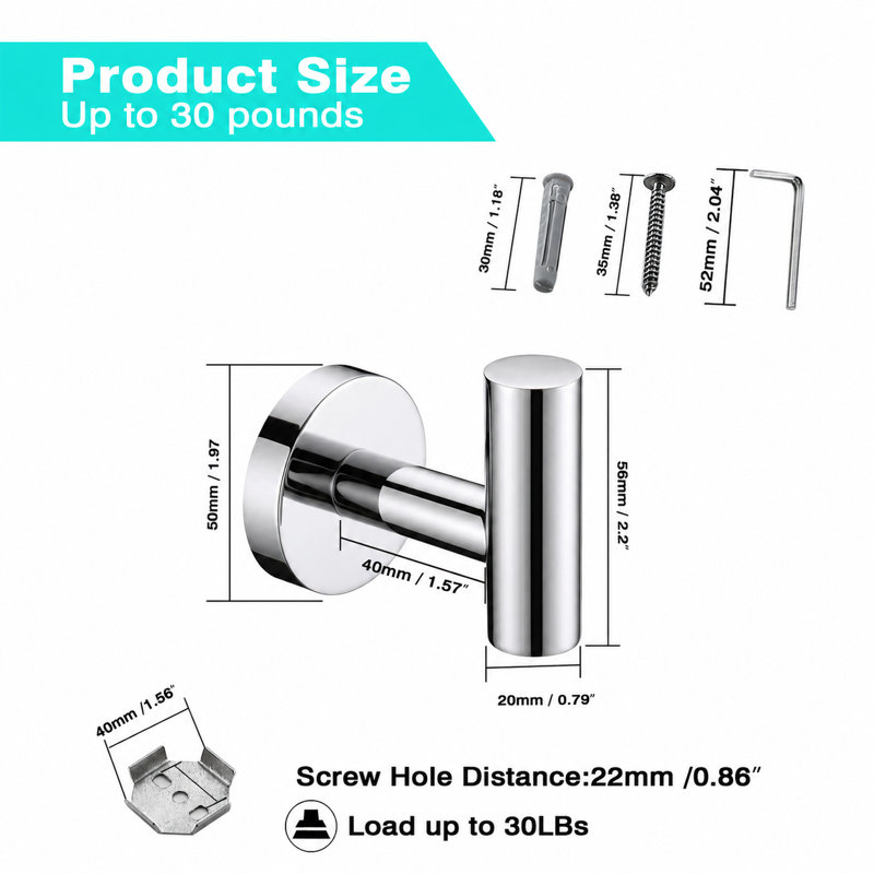Wall Mounted Towel Hooks Bathroom Towel Hooks, Polished Chrome, 4