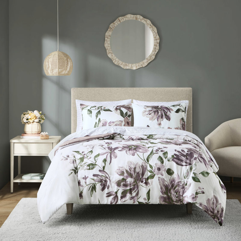 Très grand lit dans un sac, édredon floral et draps, 100%, motif à losanges gris, preuve, lavable, impression taupe mauve, microfibre, literie