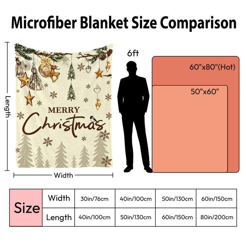 Plaid de Noël en flanelle polaire JYK, léger, respirant, doux, chaud et moelleux, en microfibre pelucheuse, 127 x 152 cm, orné de décorations dorées à suspendre.