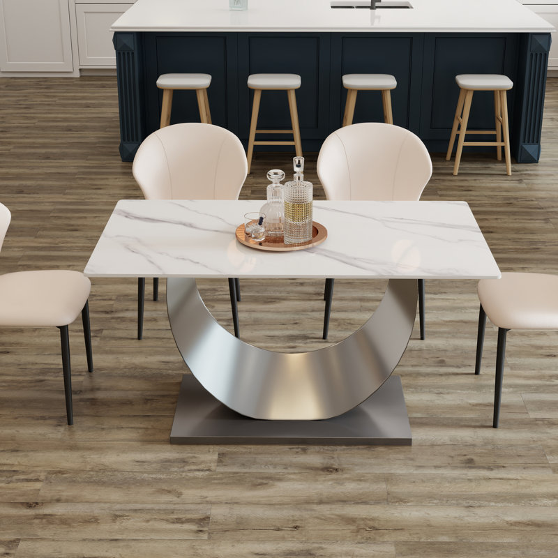 Sintered Stone Top Metal Base Dining Table, White, Gray, 29.53" H x 55.1" L x 31.5" W