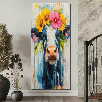 Keiichirou, vache, peinture avec fleurs de ferme I - vache, art mural sur toile