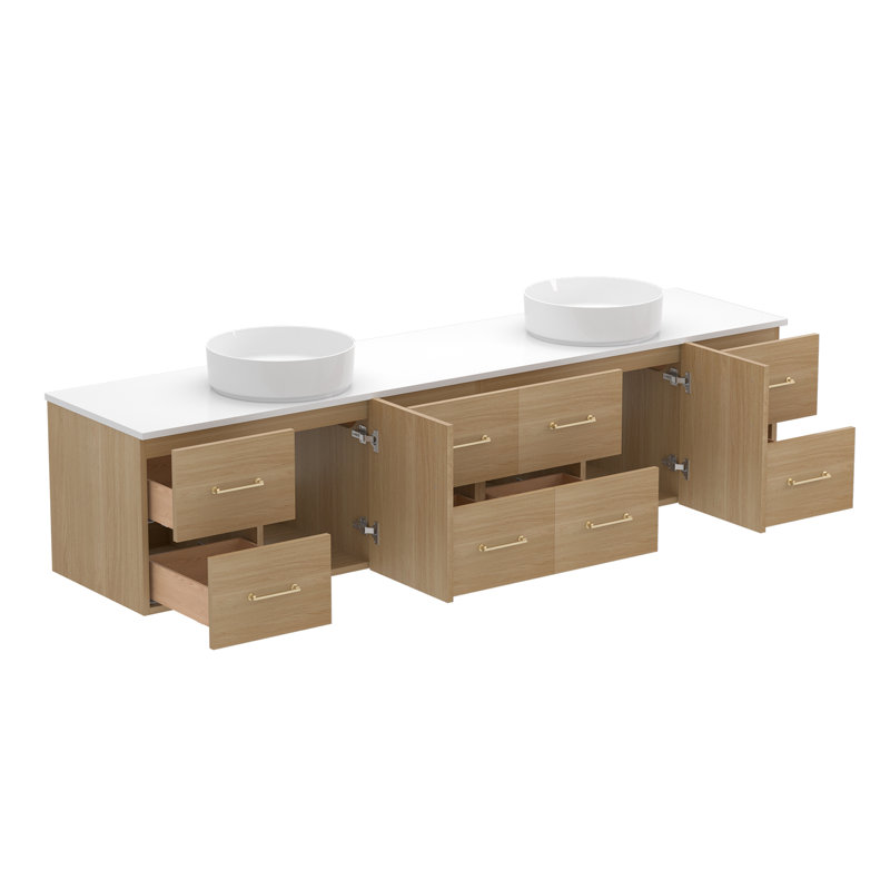 Meuble-lavabo mural 84 po avec comptoir en pierre de quartz blanc et double vasque ronde en céramique