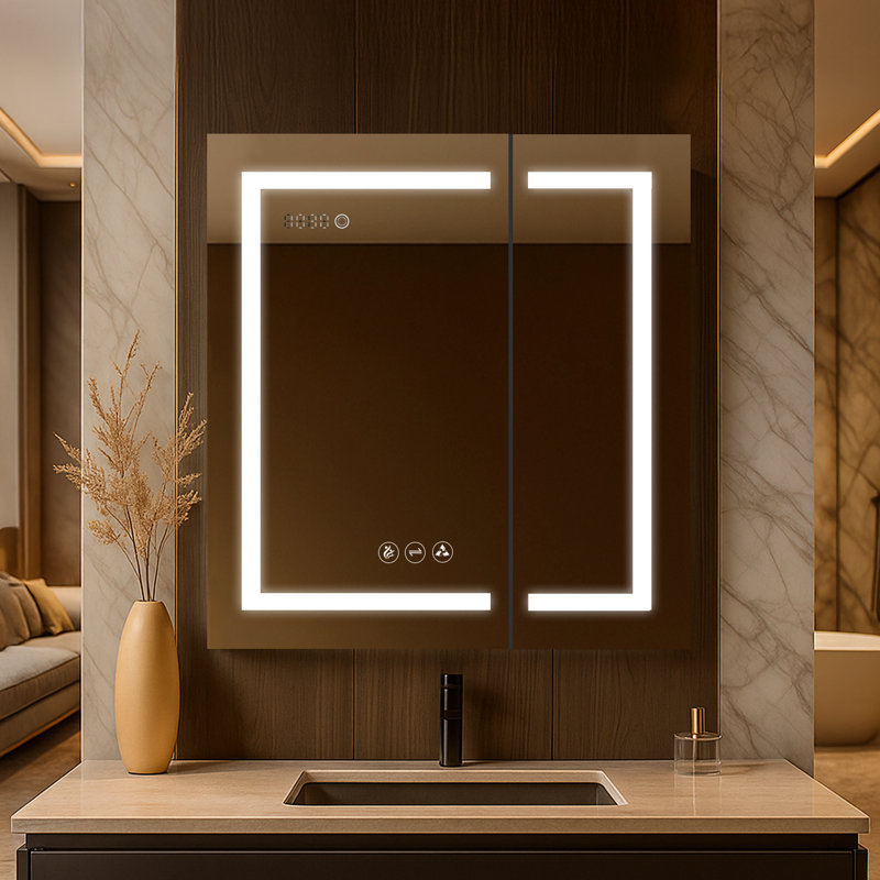 Miroir de salle de bain à fixation en surface ou encastré à DEL avec désembueur, éclairage réglable, miroir de maquillage 3X, prises USB et prises de courant