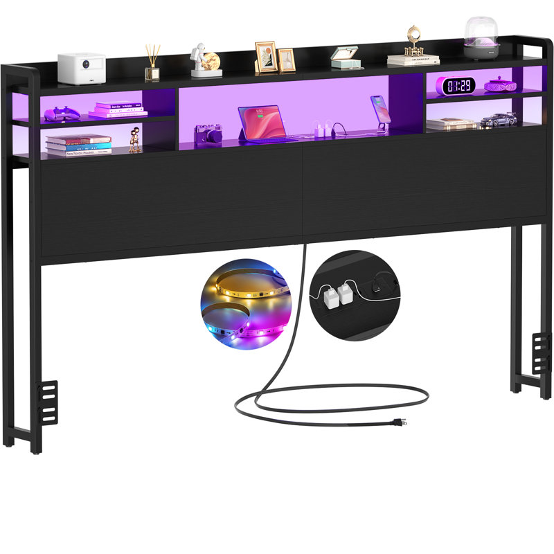 Storage Headboard with LED Lights, Bookcase Headboard with Charging Station, King, Black