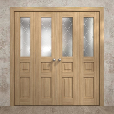 Portes coulissantes doubles pliantes pour placard 72 x 96 pouces Ego 5011 Chêne naturel, rails robustes, moulures, garnitures, quincaillerie, bois massif, portes de placard de chambre