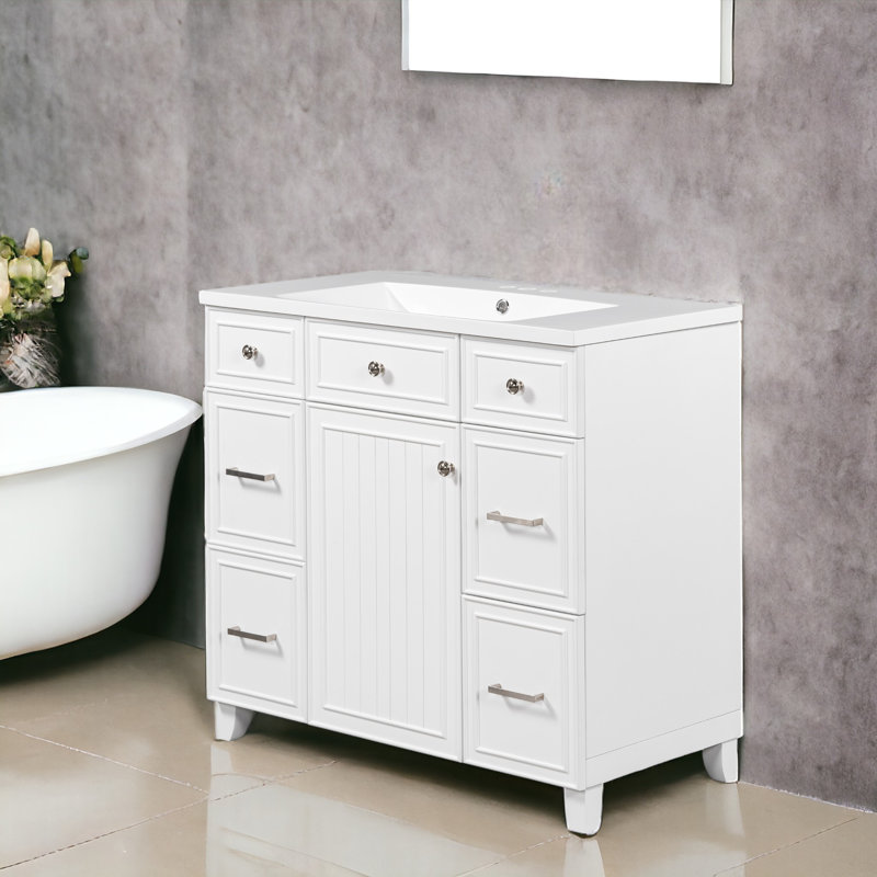 Meuble-lavabo simple 36 po avec plateau en résine , Blanc, Argenté
