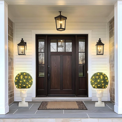 16” Artificial Plant Topiary Ball, Pre-Lit Artificial Topiary Plant With Lights, Timer And Remote Control, Artificial Outdoor Porch Trees With Urn Base For Outdoor Indoor