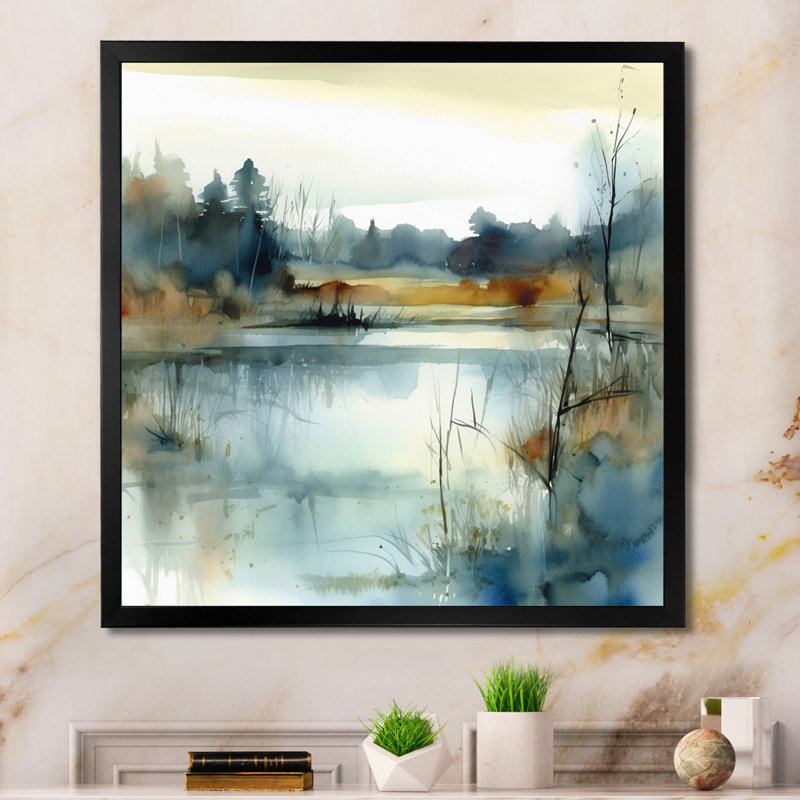 Illustration d'un paysage de lac d'été II, H 36 po x l 36 po, Noir, Cadre photo unique