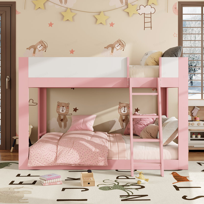 Grand lit superposé bas, lit superposé convertible en bois avec échelle réversible et garde-corps de sécurité, Rose