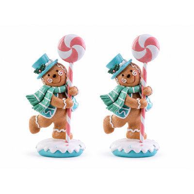 Set of 2 Gingerbread Cookie Figurines with Peppermint Lollipop