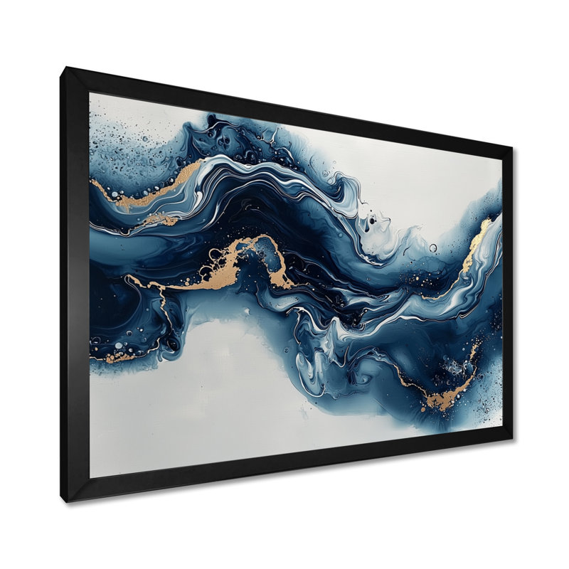 Or et bleu céleste fluidité III - encre liquide, art mural, Cadre simple, Noir, noir, noir, noir, H 12 po x l 20 po