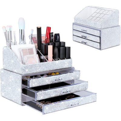 Makeup Organizer With Bling Diamond Design, 2-Piece Cosmetic Storage Box Set With Removable Jewellery Trays, Makeup Brush Holder And Countertop Display Organizer For Jewellery And Beauty Products