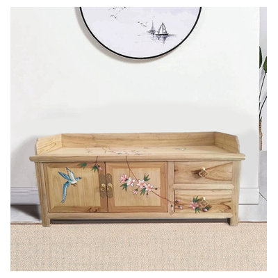 Banc de rangement en bois massif à motif de fleurs et d'oiseaux peint à la main