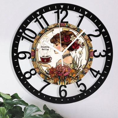 Horloge murale en métal pour salon - tasse chaude fumante de 10 po Art Nouveau silencieuse, à piles, horloges antiques pour maison de campagne, chambre à coucher, cuisine - chiffres arabes