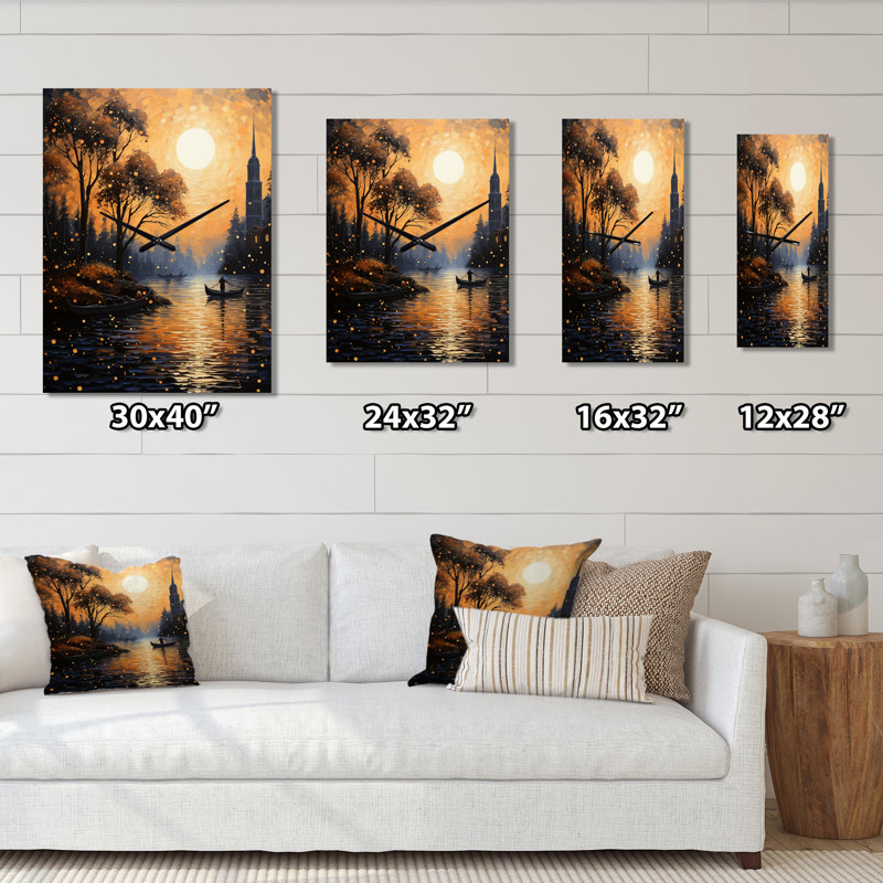 Horloge murale jaune Golden Canal Glow II - paysage et nature surdimensionnée, Grand
