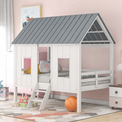 Lit mezzanine bas avec toit et 2 fenêtres à l'avant pour la chambre des enfants, avec un toit confortable et des fenêtres à l'avant pour un espace de sommeil amusant et fonctionnel