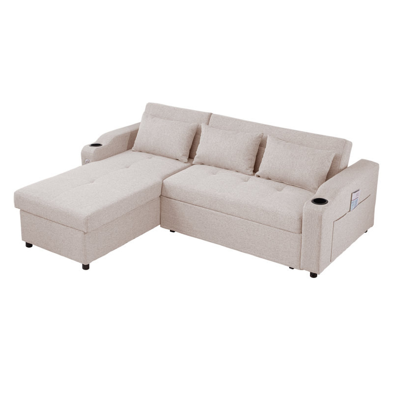 L-shaped Sectional Sofa With Pull Out Bed And Storage Chaise Lounge,usb Ports & Cup Holders, Beige 100% Linen