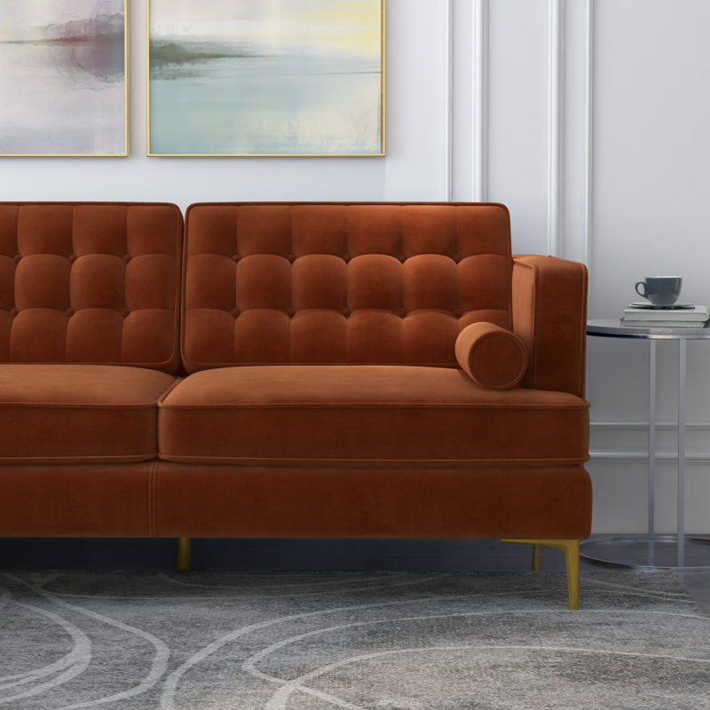 Canapé et chaise longue en velours de 101 po Noam, Velours orange, Accoudoir à gauche (vu de face)