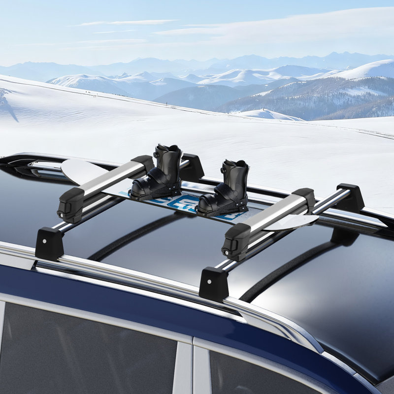 Ski & Snowboard Roof Rack, Carry up to 4 Pairs of Skis or 2 Snowboards, 2 PCS Aluminum Universal Car Roof Rack with Lock & Rubber Padding, Carrier for Fishing Rod, Fit Most Slotted Crossbars