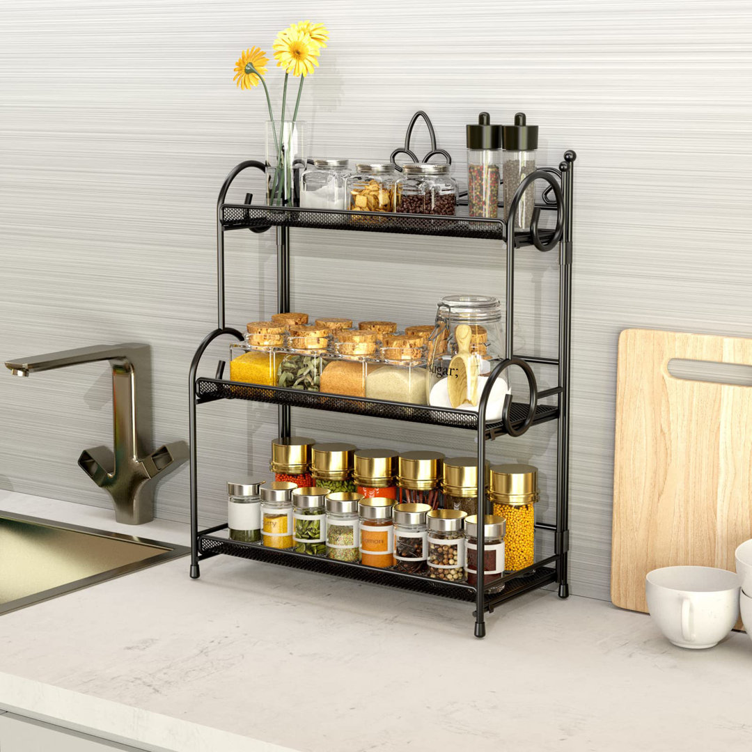 Kitchen Countertop Storage Organiser - 3 Tier Folding Bathroom Counter Organisation And Storage For Spice, Makeup Black