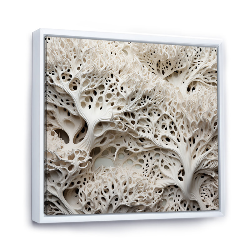 Collage de coraux noirs et blancs sous l'eau - Art nautique et plage sur toile, Cadre flottant blanc, H 16 po x l 16 po