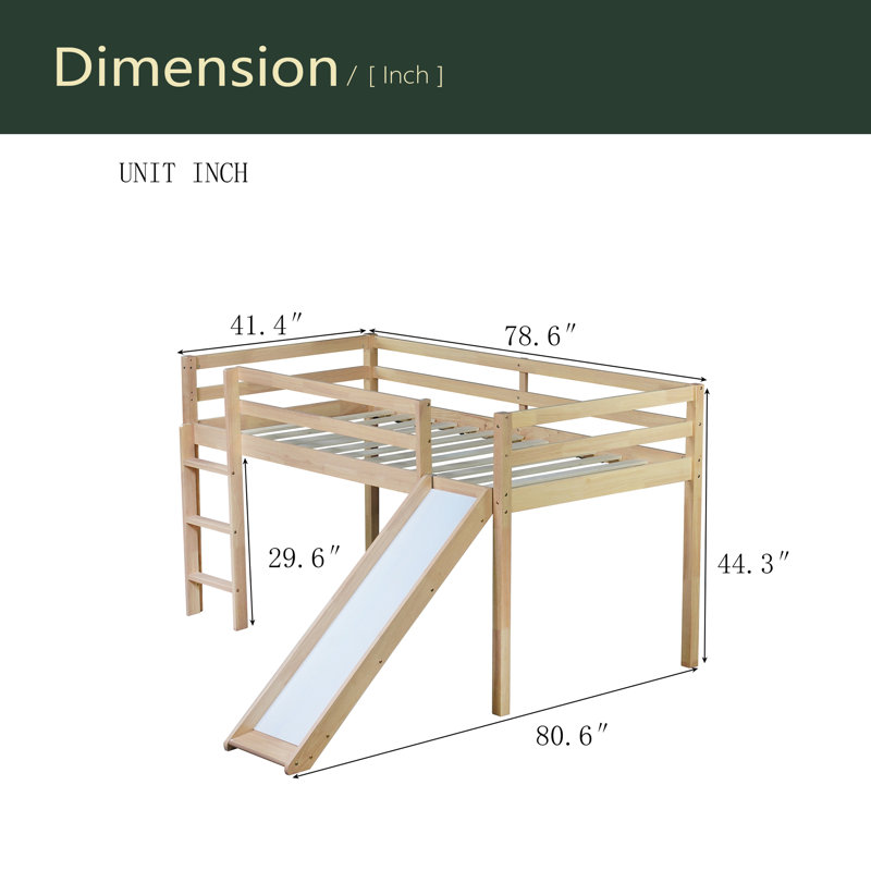 Lit simple mezzanine bas avec glissade, échelle, barrières de sécurité, Chêne