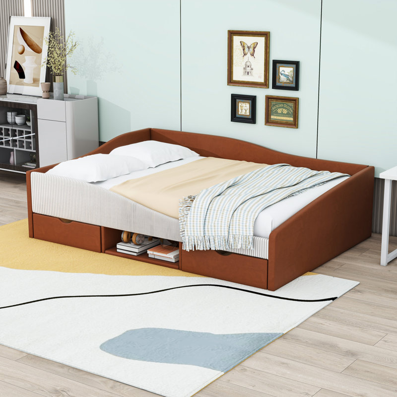 Lit de jour double avec rangement double rembourré inclus avec tablettes, Lit double, Brun