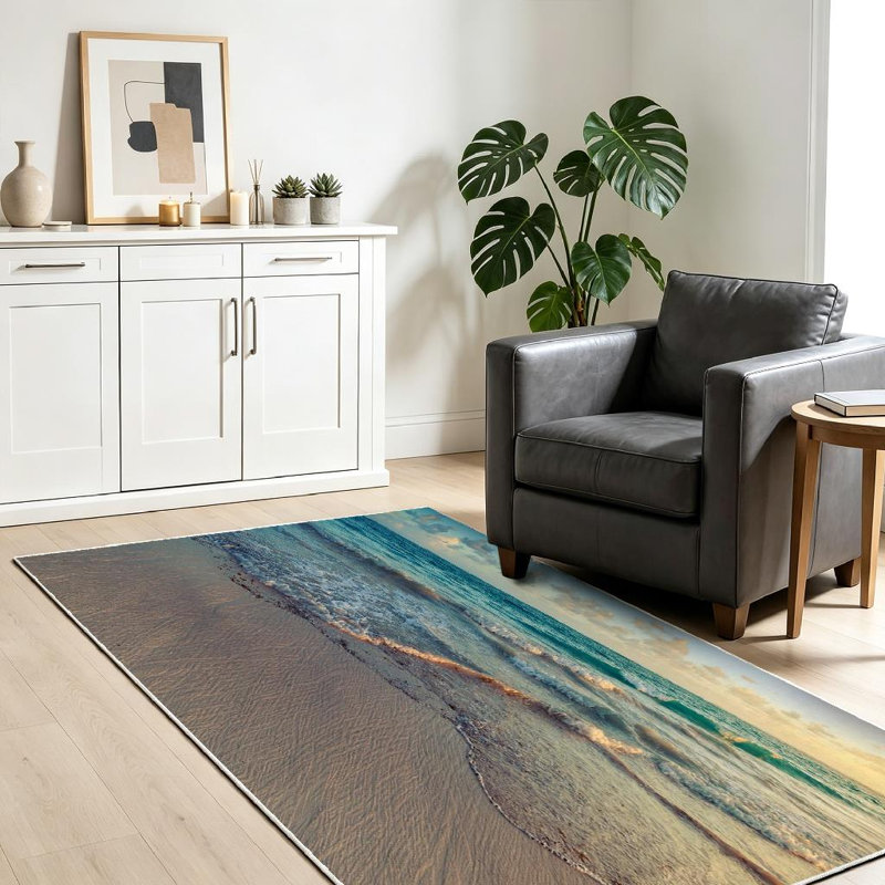 Tapis bleu clair transparent lavable à la machine avec paysage de lever de soleil, Rectangle 39 po x 63 po