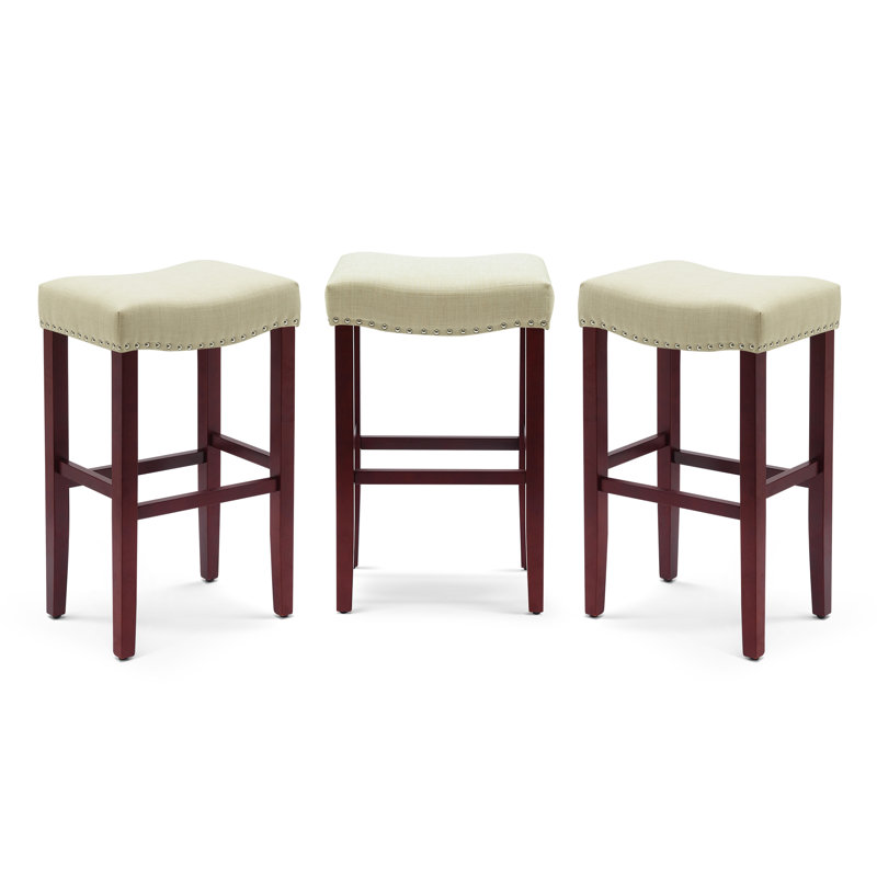 Jameson Upholstered Counter Stool with Solid Wood Frame, Bar Stool (29” Seat Height), Beige Fabric/Red Frame