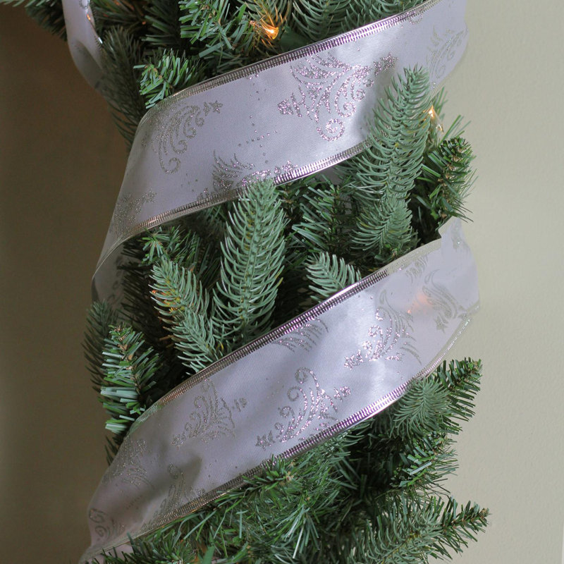 Ruban d'arbre de Noël argenté fileté bleu poudré argenté 2,5 po x 120 verges